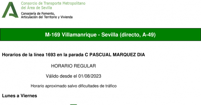 Tabla de horarios y frecuencias de paso en sentido ida Línea M-169: Pilas - Villamanrique (recorrido 3)