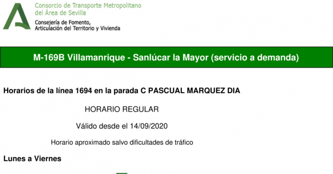 Tabla de horarios y frecuencias de paso en sentido ida Línea M-169: Pilas - Villamanrique (recorrido 4)