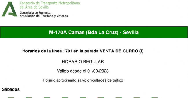 Tabla de horarios y frecuencias de paso en sentido ida Línea M-170: Sevilla - Camas (recorrido 1)