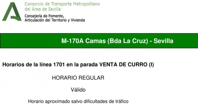 Tabla de horarios y frecuencias de paso en sentido ida Línea M-170: Sevilla - Camas (recorrido 1)