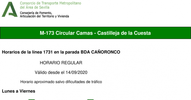 Tabla de horarios y frecuencias de paso en sentido ida Línea M-173: Camas - San Juan de Aznalfarache (Circular) (recorrido 1)