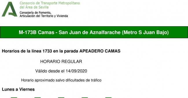 Tabla de horarios y frecuencias de paso en sentido ida Línea M-173: Camas - San Juan de Aznalfarache (Circular) (recorrido 2)