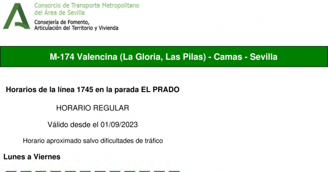 Tabla de horarios y frecuencias de paso en sentido ida Línea M-174: Camas - Valencina