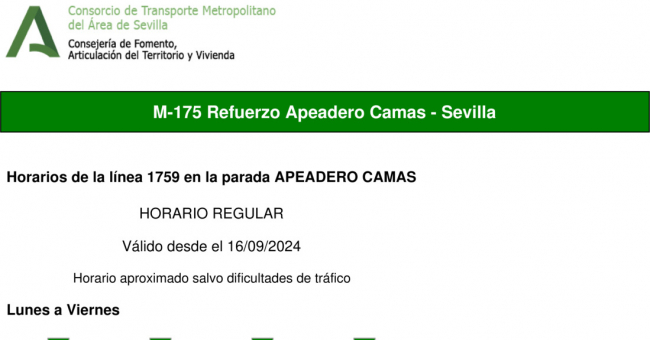 Tabla de horarios y frecuencias de paso en sentido ida Línea M-175: Camas - Albaida (recorrido 5)