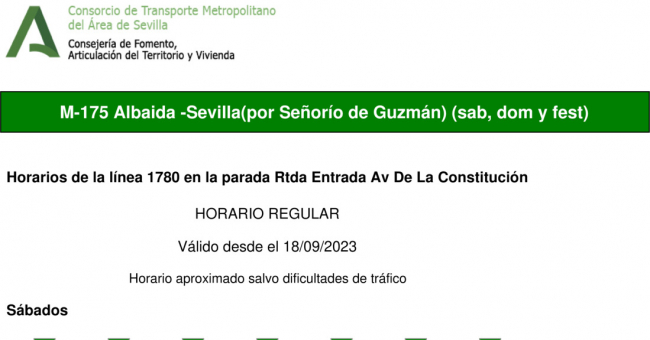 Tabla de horarios y frecuencias de paso en sentido ida Línea M-175: Camas - Albaida (recorrido 6)