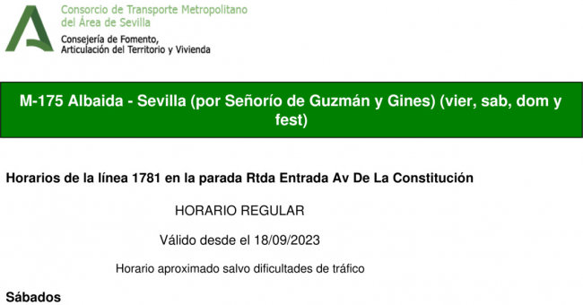 Tabla de horarios y frecuencias de paso en sentido ida Línea M-175: Camas - Albaida (recorrido 7)