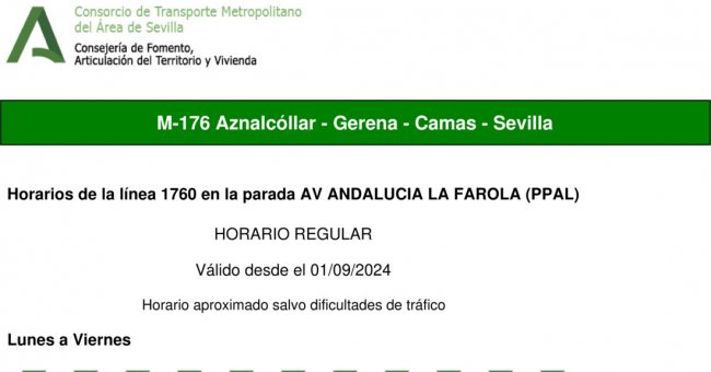 Tabla de horarios y frecuencias de paso en sentido ida Línea M-176: Sevilla - Aznalcóllar (recorrido 1)