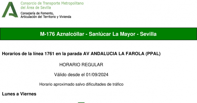 Tabla de horarios y frecuencias de paso en sentido ida Línea M-176: Sevilla - Aznalcóllar (recorrido 2)