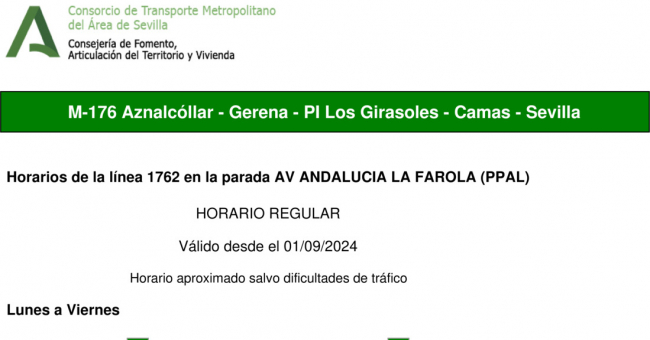 Tabla de horarios y frecuencias de paso en sentido ida Línea M-176: Sevilla - Aznalcóllar (recorrido 3)