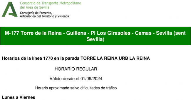 Tabla de horarios y frecuencias de paso en sentido ida Línea M-177: Camas - Guillena (recorrido 1)