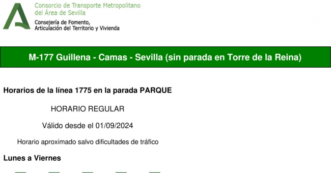 Tabla de horarios y frecuencias de paso en sentido ida Línea M-177: Camas - Guillena (recorrido 5)