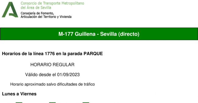 Tabla de horarios y frecuencias de paso en sentido ida Línea M-177: Camas - Guillena (recorrido 6)