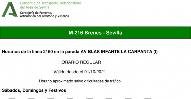 Tabla de horarios y frecuencias de paso en sentido ida Línea M-216: Sevilla - Brenes