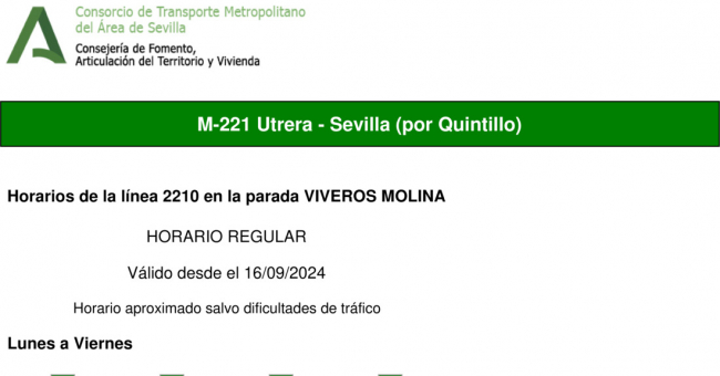 Tabla de horarios y frecuencias de paso en sentido ida Línea M-221: Sevilla - Utrera (recorrido 1)