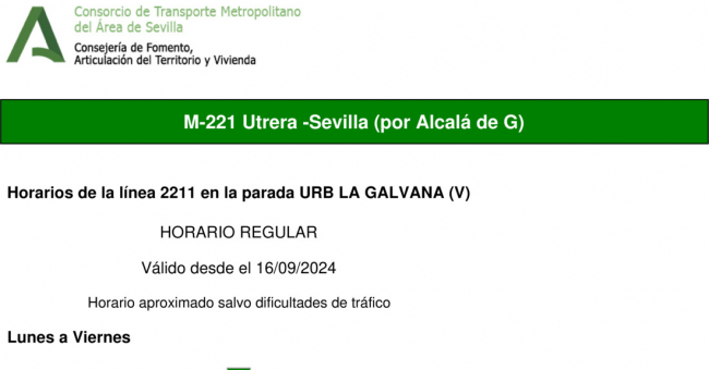 Tabla de horarios y frecuencias de paso en sentido ida Línea M-221: Sevilla - Utrera (recorrido 2)