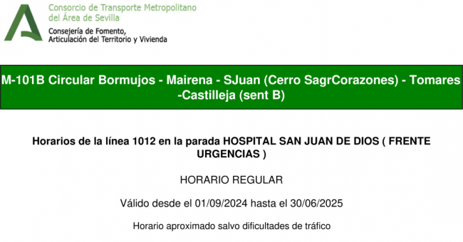 Tabla de horarios y frecuencias de paso en sentido vuelta Línea M-101: Bormujos (Circular) (recorrido 1)