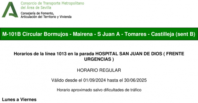 Tabla de horarios y frecuencias de paso en sentido vuelta Línea M-101: Bormujos (Circular) (recorrido 2)