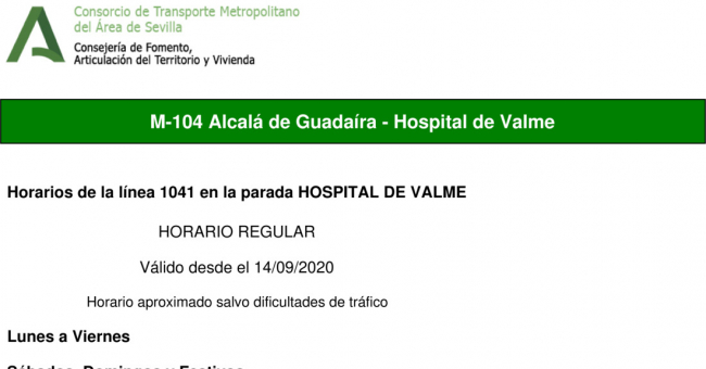 Tabla de horarios y frecuencias de paso en sentido vuelta Línea M-104: Alcalá de Guadaira - Hospital de Valme