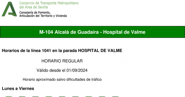 Tabla de horarios y frecuencias de paso en sentido vuelta Línea M-104: Alcalá de Guadaira - Hospital de Valme