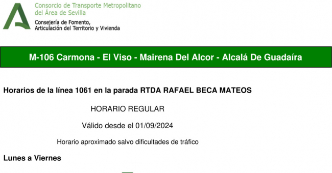 Tabla de horarios y frecuencias de paso en sentido vuelta Línea M-106: Alcalá de Guadaíra - Carmona (recorrido 2)