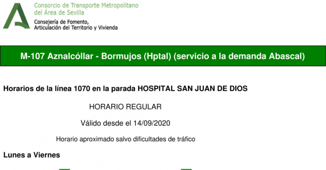 Tabla de horarios y frecuencias de paso en sentido vuelta Línea M-107: Aznalcóllar - Bormujos (Hospital) (recorrido 1)