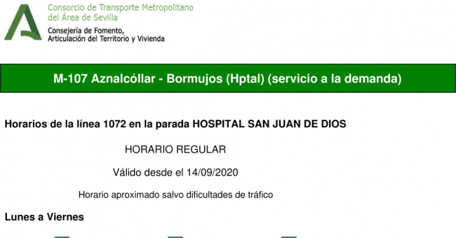 Tabla de horarios y frecuencias de paso en sentido vuelta Línea M-107: Aznalcóllar - Bormujos (Hospital) (recorrido 2)