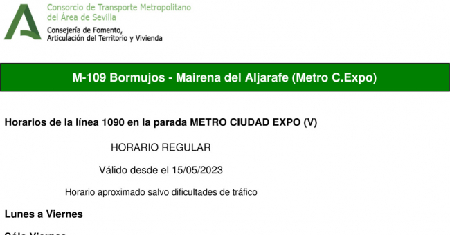 Tabla de horarios y frecuencias de paso en sentido vuelta Línea M-109: Bormujos - Mairena del Aljarafe (Metro)