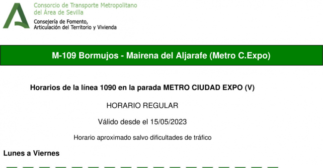 Tabla de horarios y frecuencias de paso en sentido vuelta Línea M-109: Bormujos - Mairena del Aljarafe (Metro)