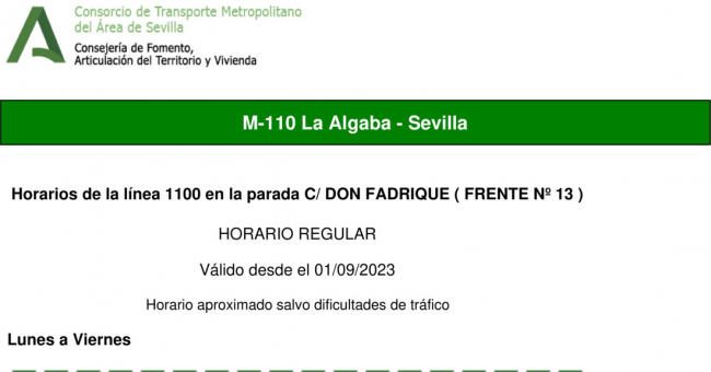 Tabla de horarios y frecuencias de paso en sentido vuelta Línea M-110: Sevilla - La Algaba