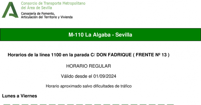 Tabla de horarios y frecuencias de paso en sentido vuelta Línea M-110: Sevilla - La Algaba