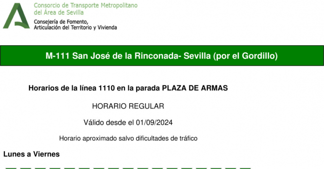 Tabla de horarios y frecuencias de paso en sentido vuelta Línea M-111: Sevilla - San José de la Rinconada