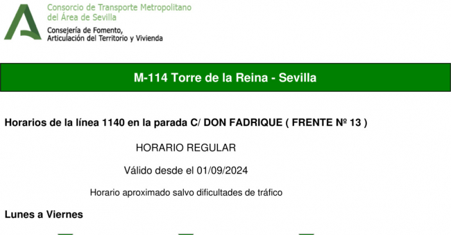 Tabla de horarios y frecuencias de paso en sentido vuelta Línea M-114: Sevilla - Torre de la Reina