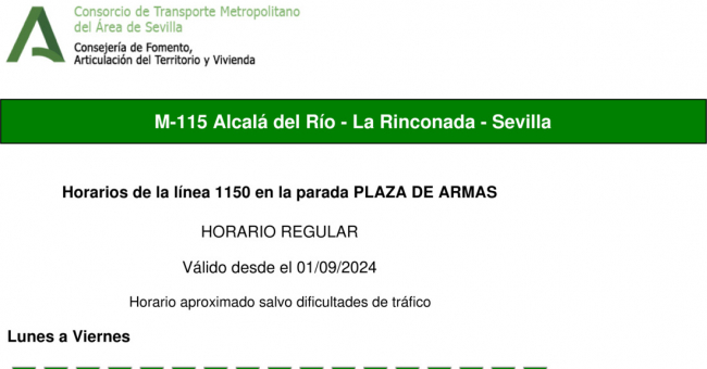 Tabla de horarios y frecuencias de paso en sentido vuelta Línea M-115: Sevilla - Alcalá del Río (recorrido 1)