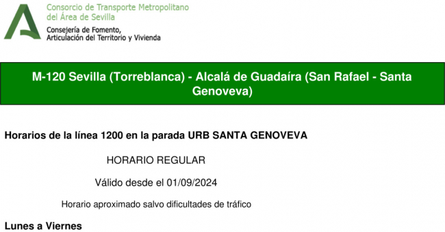 Tabla de horarios y frecuencias de paso en sentido vuelta Línea M-120: Sevilla - Alcalá de Guadaira (recorrido 1)