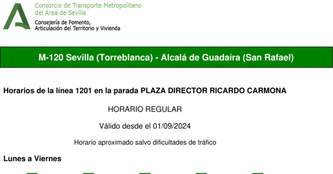 Tabla de horarios y frecuencias de paso en sentido vuelta Línea M-120: Sevilla - Alcalá de Guadaira (recorrido 2)