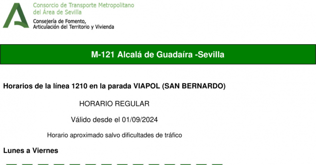 Tabla de horarios y frecuencias de paso en sentido vuelta Línea M-121: Sevilla - Alcalá de Guadaira (recorrido 1)