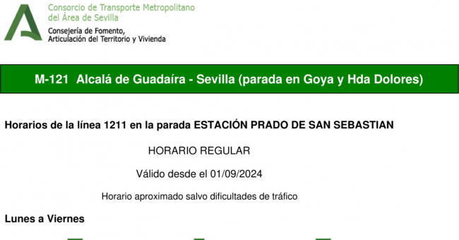 Tabla de horarios y frecuencias de paso en sentido vuelta Línea M-121: Sevilla - Alcalá de Guadaira (recorrido 2)