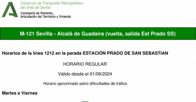 Tabla de horarios y frecuencias de paso en sentido vuelta Línea M-121: Sevilla - Alcalá de Guadaira (recorrido 3)