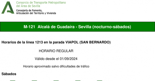 Tabla de horarios y frecuencias de paso en sentido vuelta Línea M-121: Sevilla - Alcalá de Guadaira (recorrido 4)