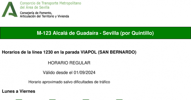 Tabla de horarios y frecuencias de paso en sentido vuelta Línea M-123: Sevilla - Alcalá de Guadaira - Universidad Pablo de Olavide (UPO) (recorrido 1)