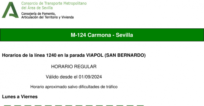 Tabla de horarios y frecuencias de paso en sentido vuelta Línea M-124: Sevilla - Carmona (recorrido 1)