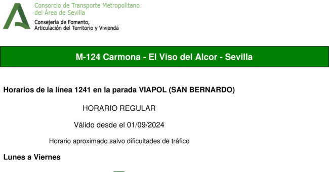 Tabla de horarios y frecuencias de paso en sentido vuelta Línea M-124: Sevilla - Carmona (recorrido 2)