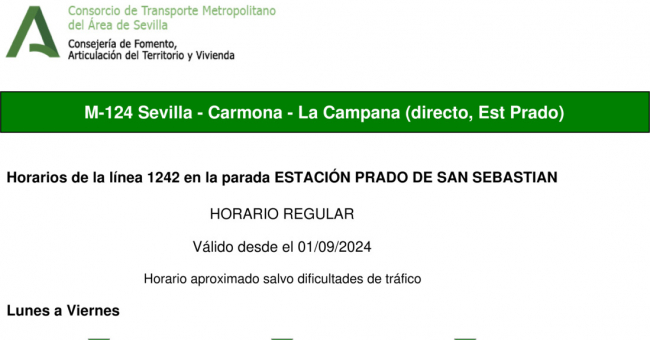 Tabla de horarios y frecuencias de paso en sentido vuelta Línea M-124: Sevilla - Carmona (recorrido 3)