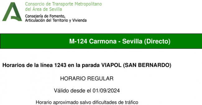 Tabla de horarios y frecuencias de paso en sentido vuelta Línea M-124: Sevilla - Carmona (recorrido 4)