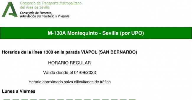 Tabla de horarios y frecuencias de paso en sentido vuelta Línea M-130: Sevilla - Montequinto - Universidad Pablo de Olavide (UPO) (recorrido 1)