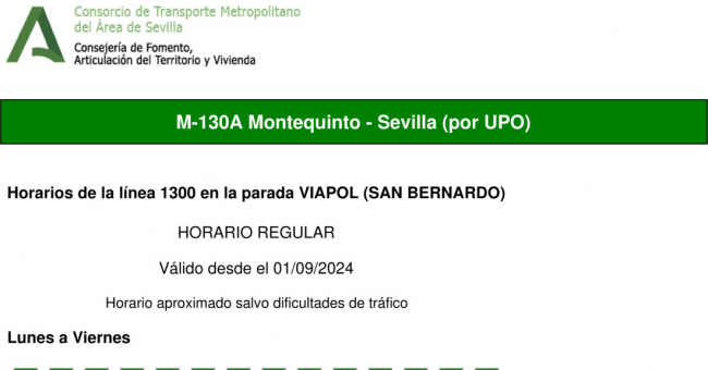 Tabla de horarios y frecuencias de paso en sentido vuelta Línea M-130: Sevilla - Montequinto - Universidad Pablo de Olavide (UPO) (recorrido 1)