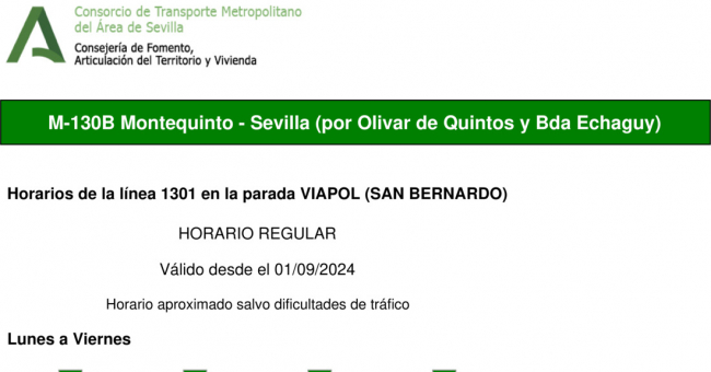 Tabla de horarios y frecuencias de paso en sentido vuelta Línea M-130: Sevilla - Montequinto - Universidad Pablo de Olavide (UPO) (recorrido 2)