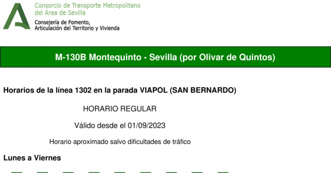 Tabla de horarios y frecuencias de paso en sentido vuelta Línea M-130: Sevilla - Montequinto - Universidad Pablo de Olavide (UPO) (recorrido 3)