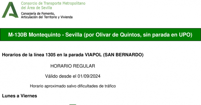 Tabla de horarios y frecuencias de paso en sentido vuelta Línea M-130: Sevilla - Montequinto - Universidad Pablo de Olavide (UPO) (recorrido 4)