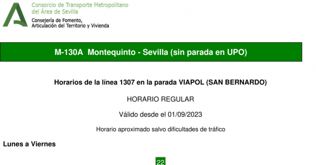 Tabla de horarios y frecuencias de paso en sentido vuelta Línea M-130: Sevilla - Montequinto - Universidad Pablo de Olavide (UPO) (recorrido 5)